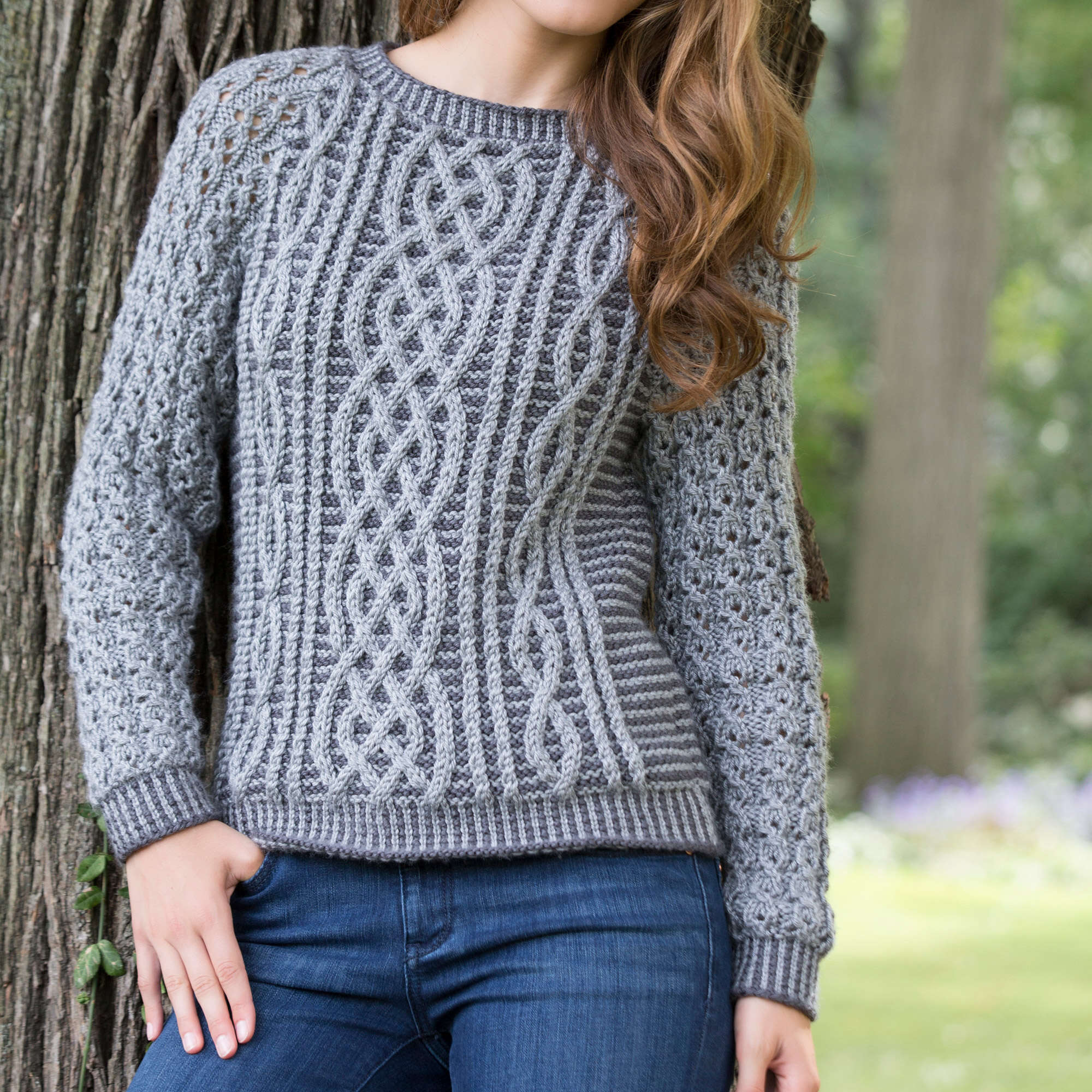 Red Heart Two-Tone Cable Sweater | Yarnspirations