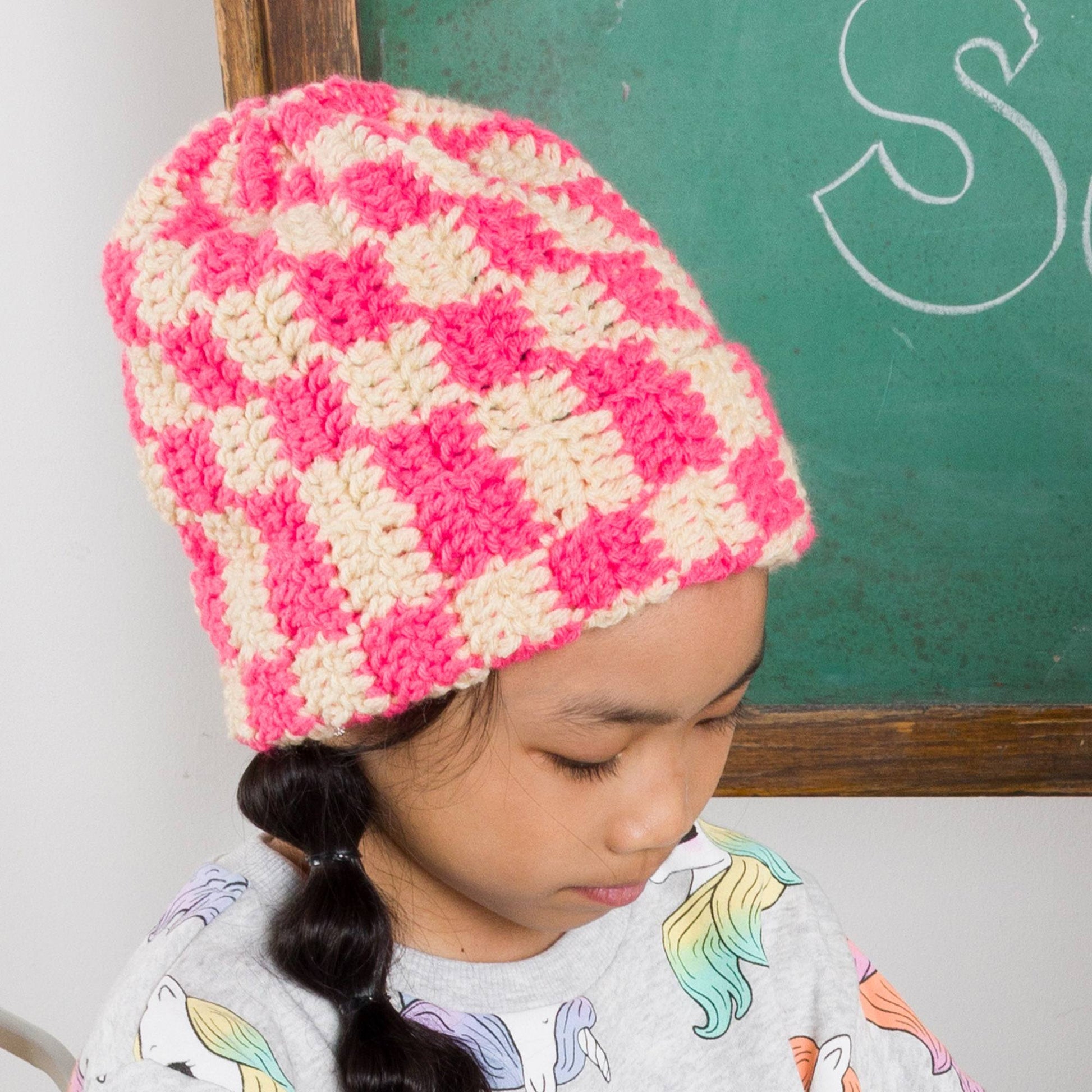 Free Bernat Side-to-Side Checkerboard Crochet Hat Pattern