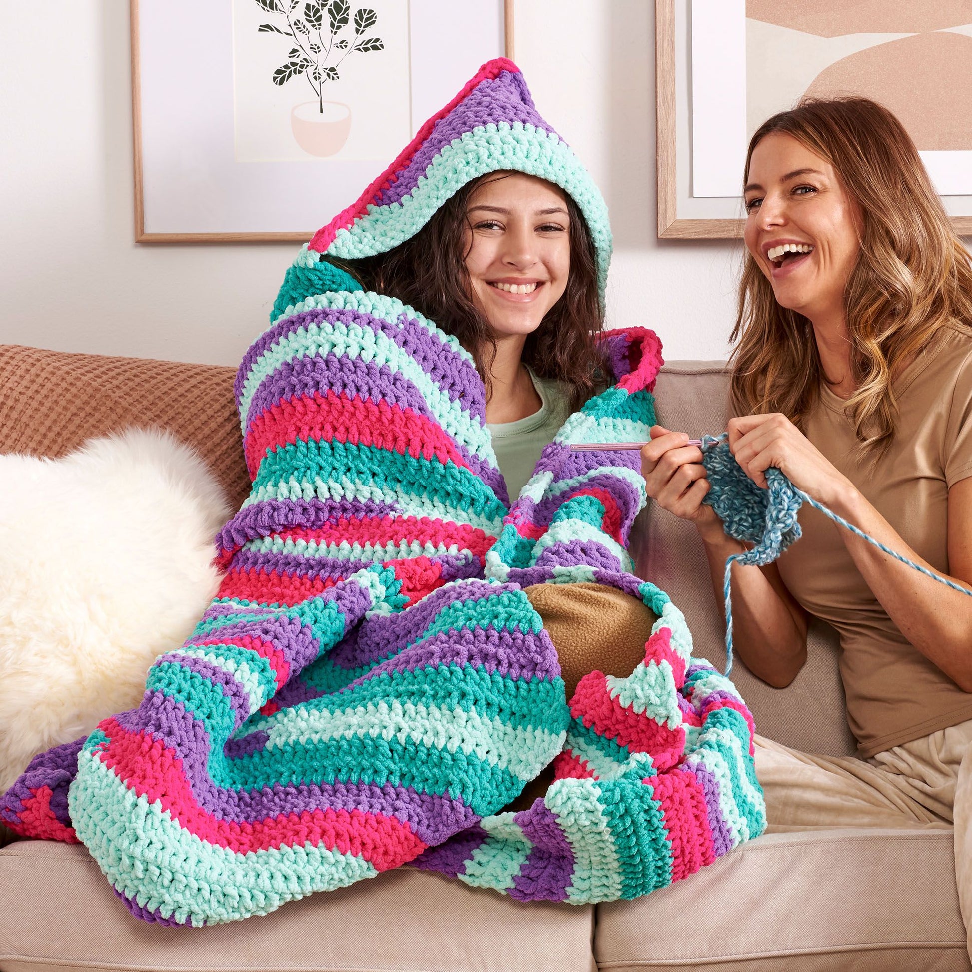 Free Bernat Wrap and Relax Hooded Crochet Throw Pattern