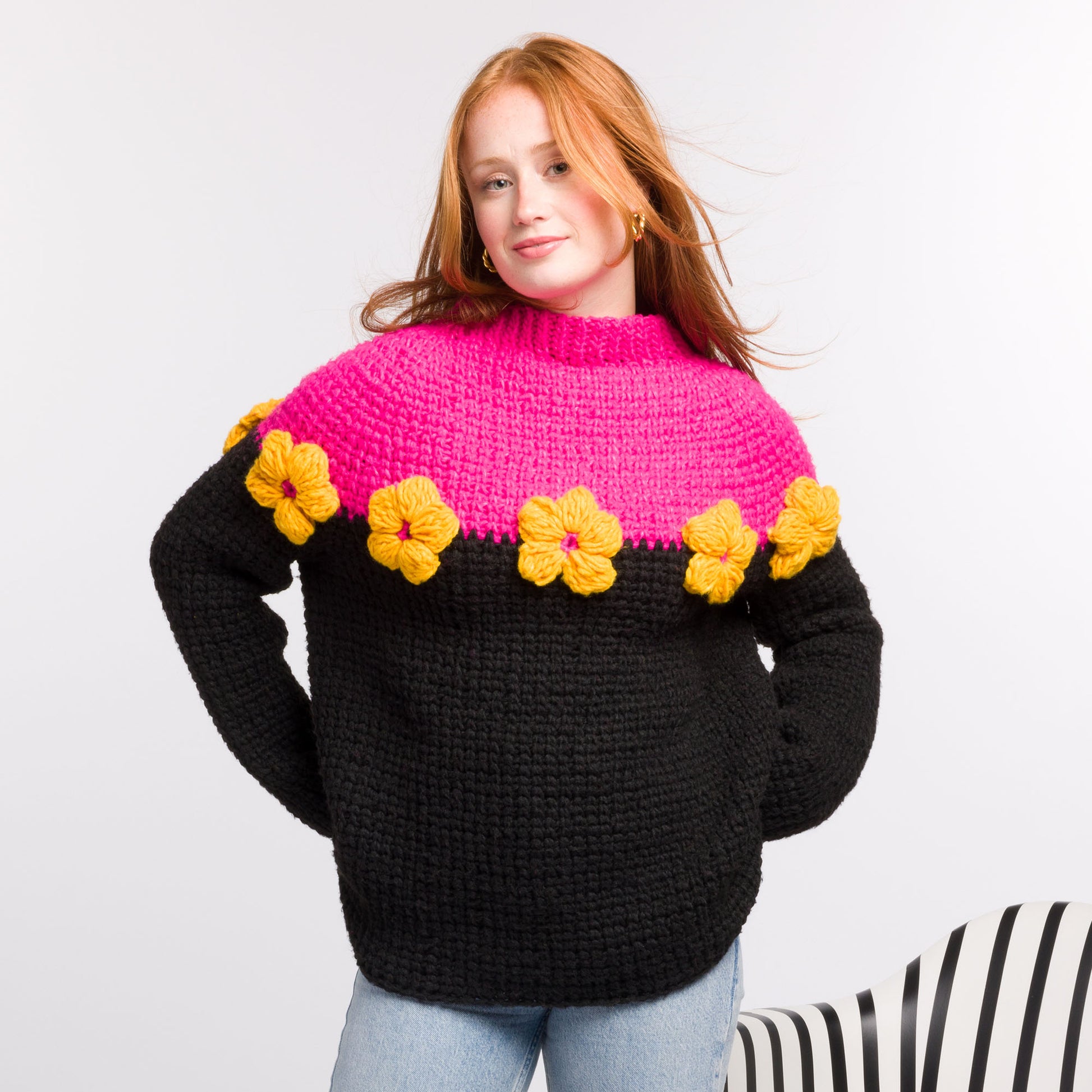 Free Bernat Crochet Daisy Ring Sweater Pattern