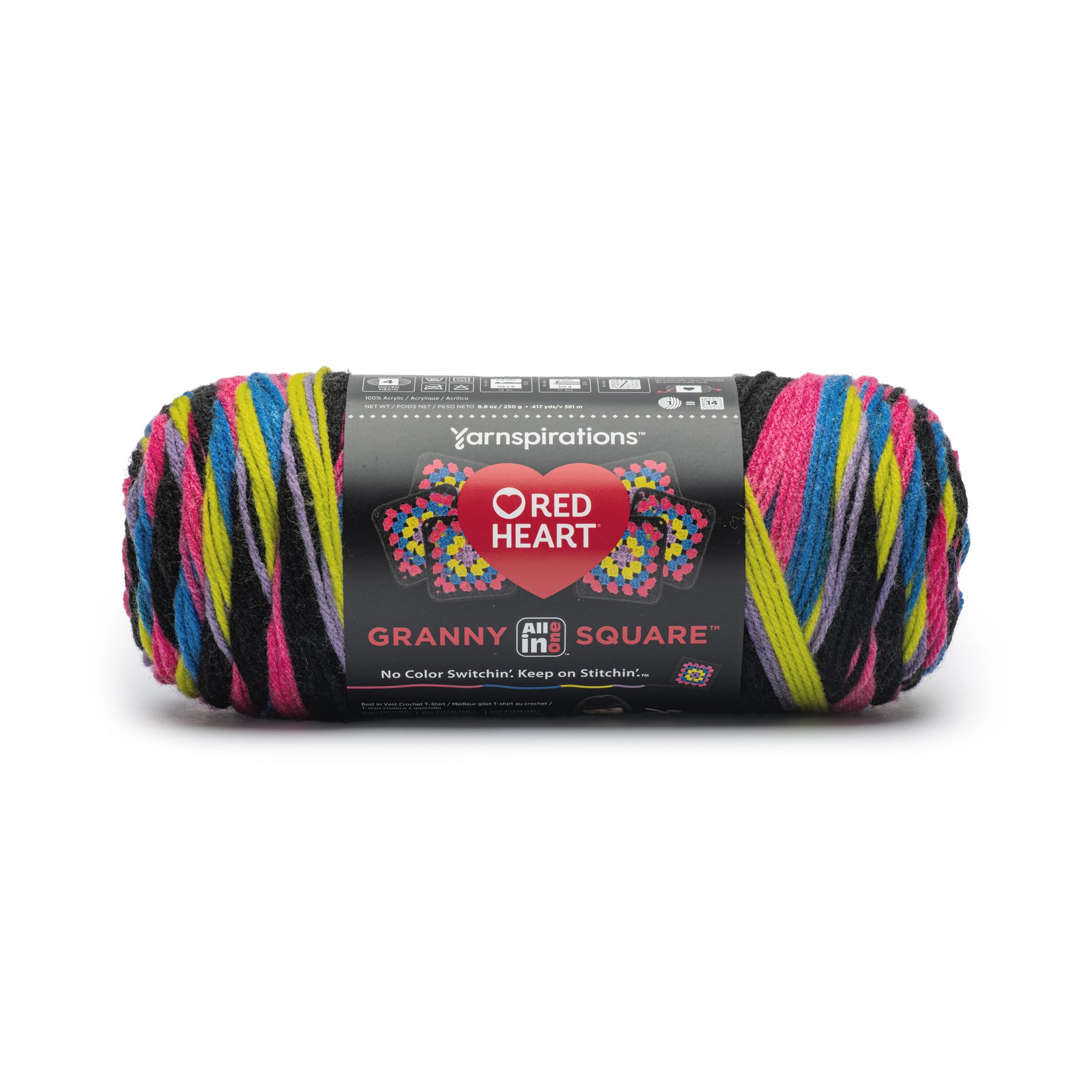 Red Heart All in One Granny Square Crochet Yarn in Black - Neon Lights | Size: 250g/8.8oz | Pattern: Crochet | by Yarnspirations