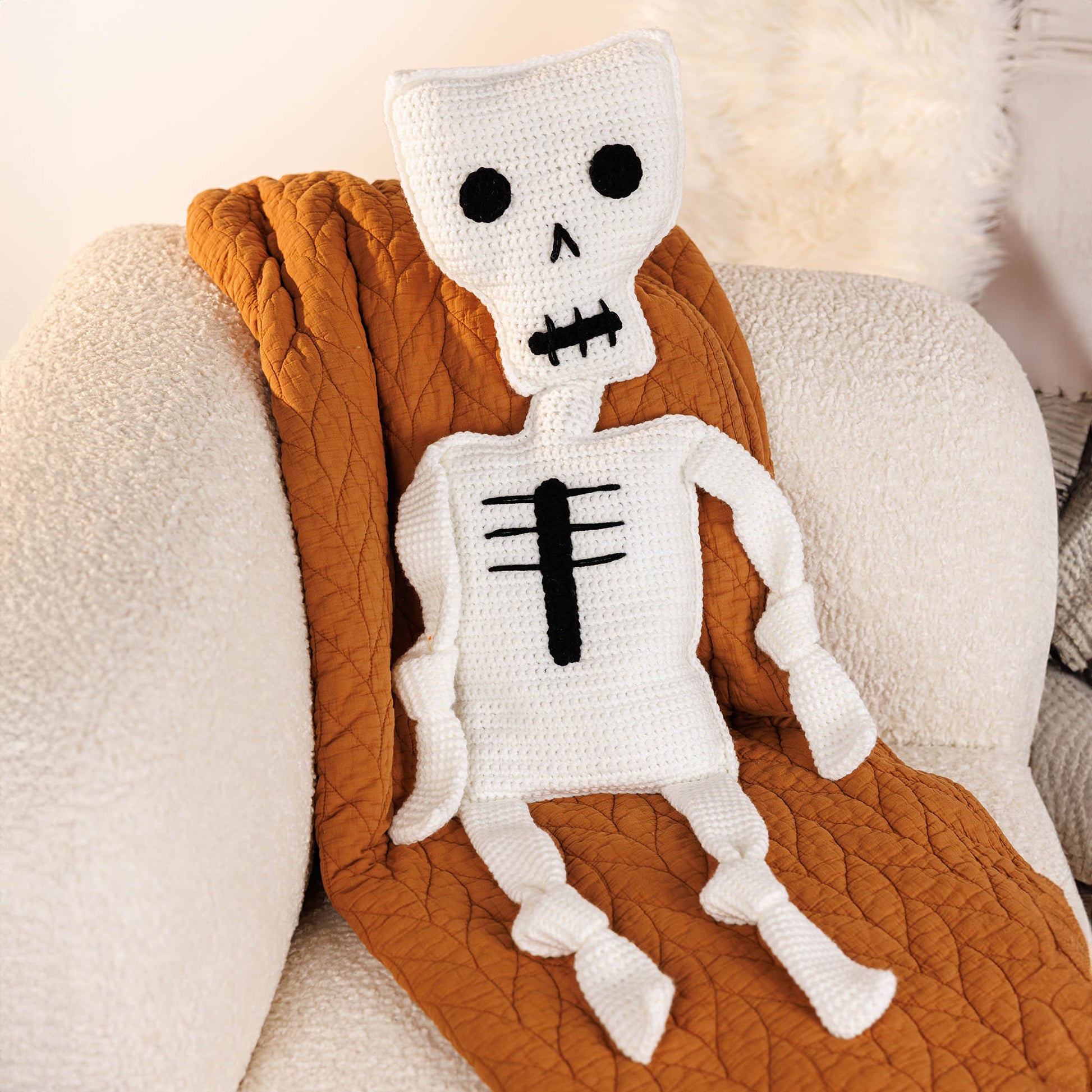 Free Red Heart Crochet Mr. Bones Skeleton Pillow Pattern