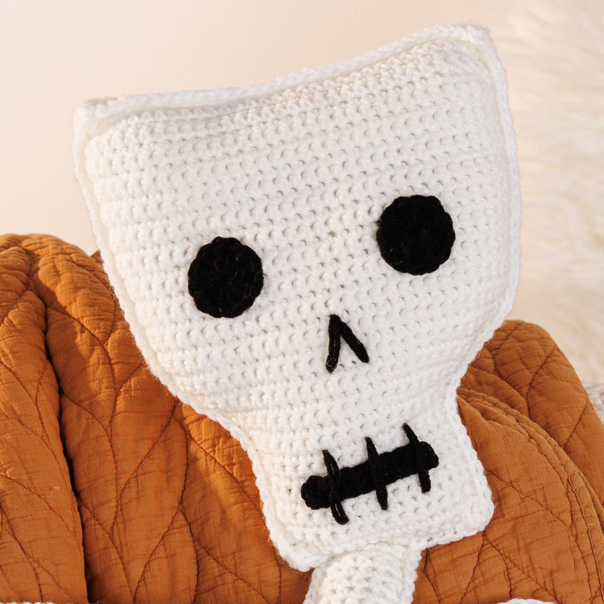 Free Red Heart Crochet Mr. Bones Skeleton Pillow Pattern