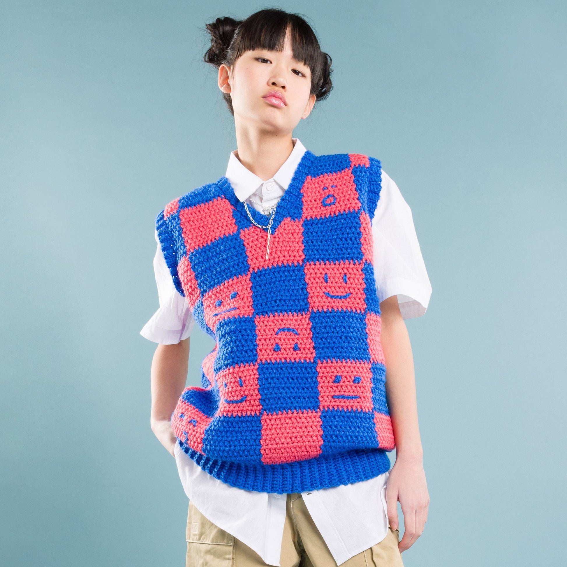 Free Red Heart Crochet Checkerboard Mood Sweater Vest Pattern