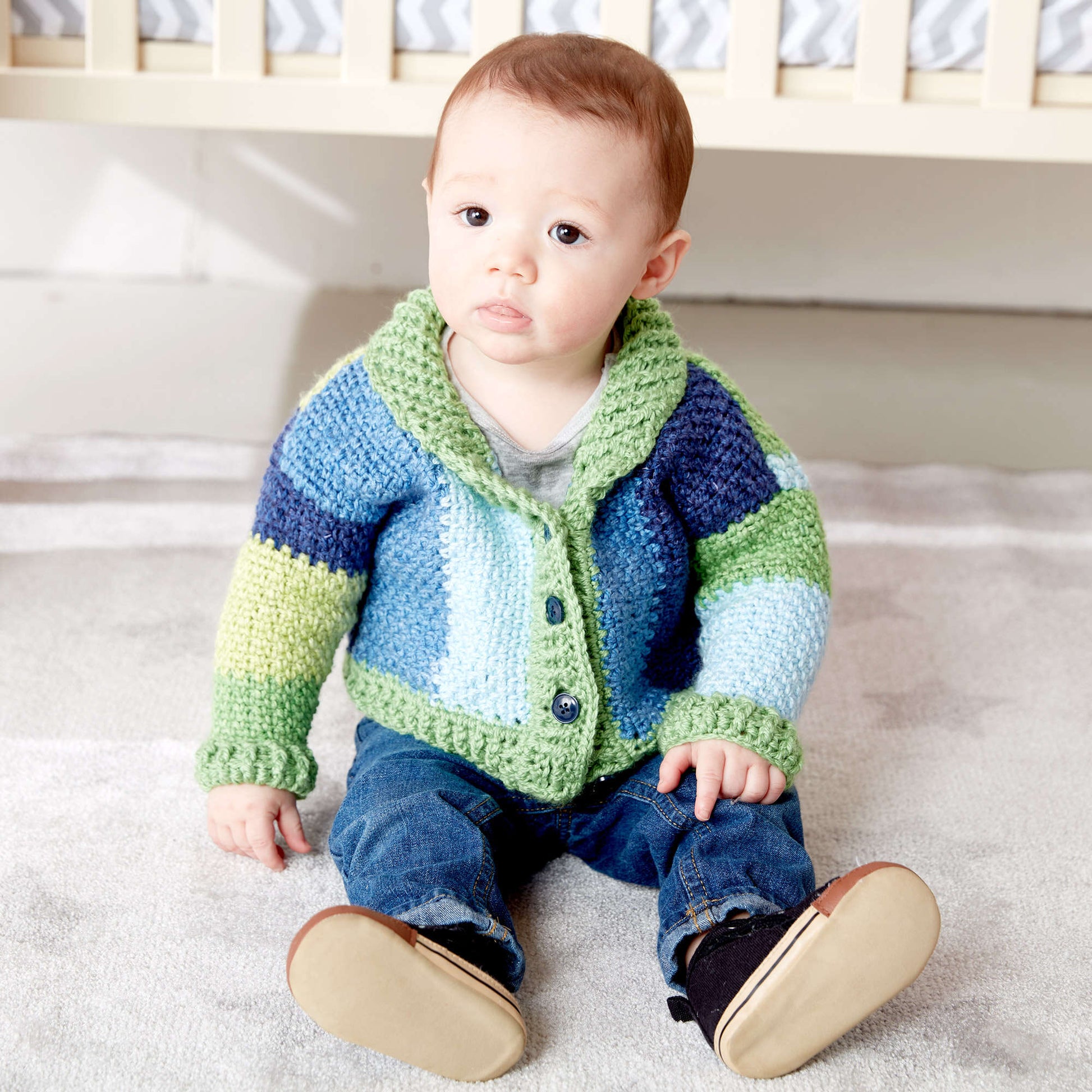 Bernat Shawl Collar Baby Crochet Cardigan | Yarnspirations