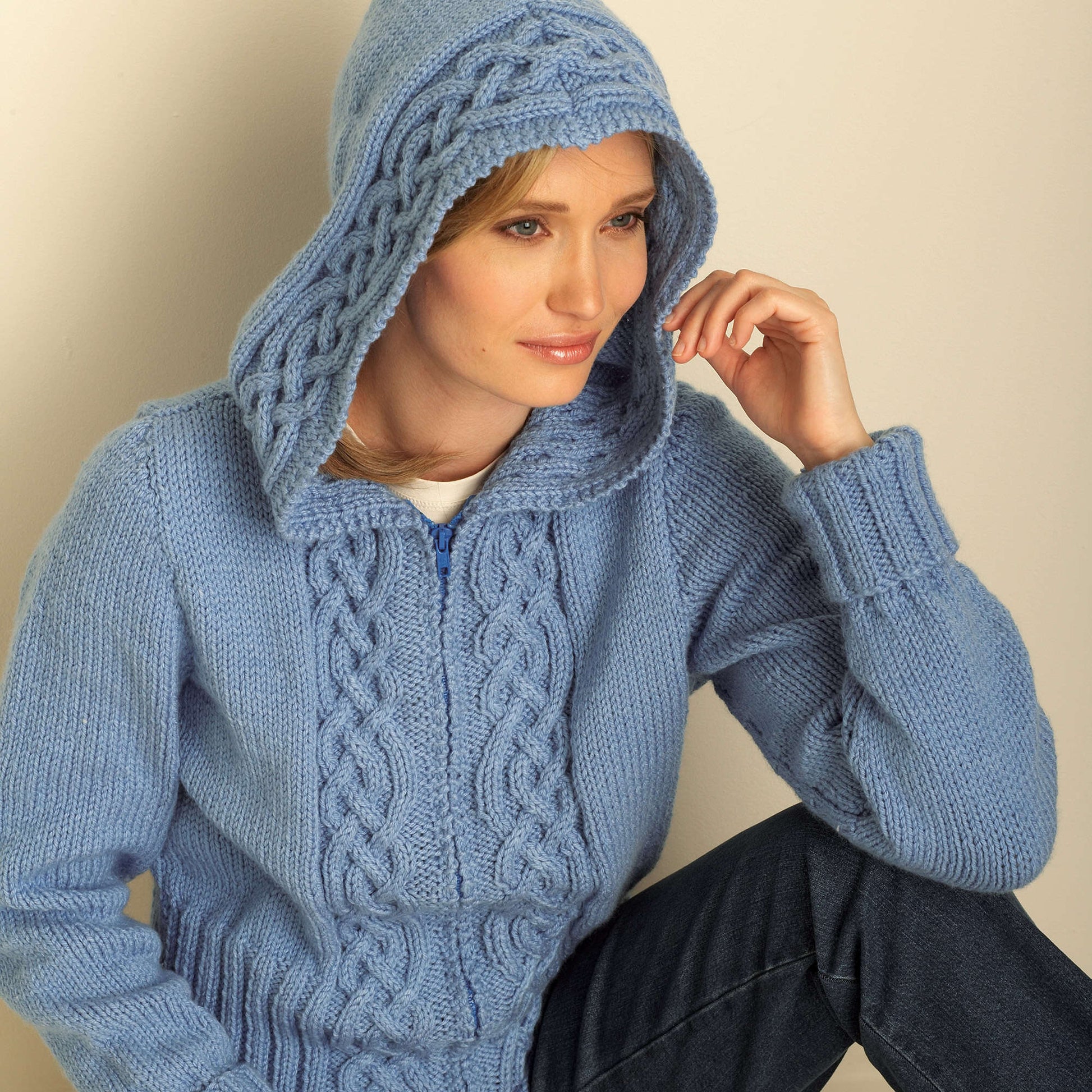 Bernat Cozy Cable Hooded Knit Cardigan Pattern | Yarnspirations