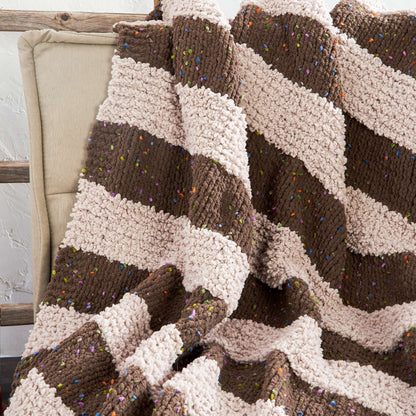 Bernat Let's Stripe it Cozy Knit Throw Knit Blanket made in Bernat Blanket Confetti yarn