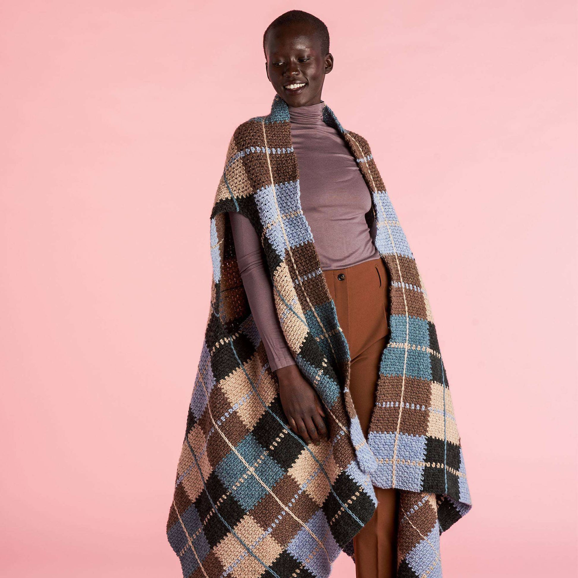 Caron Crochet Blanket Dressing Plaid Shawl Vest | Yarnspirations